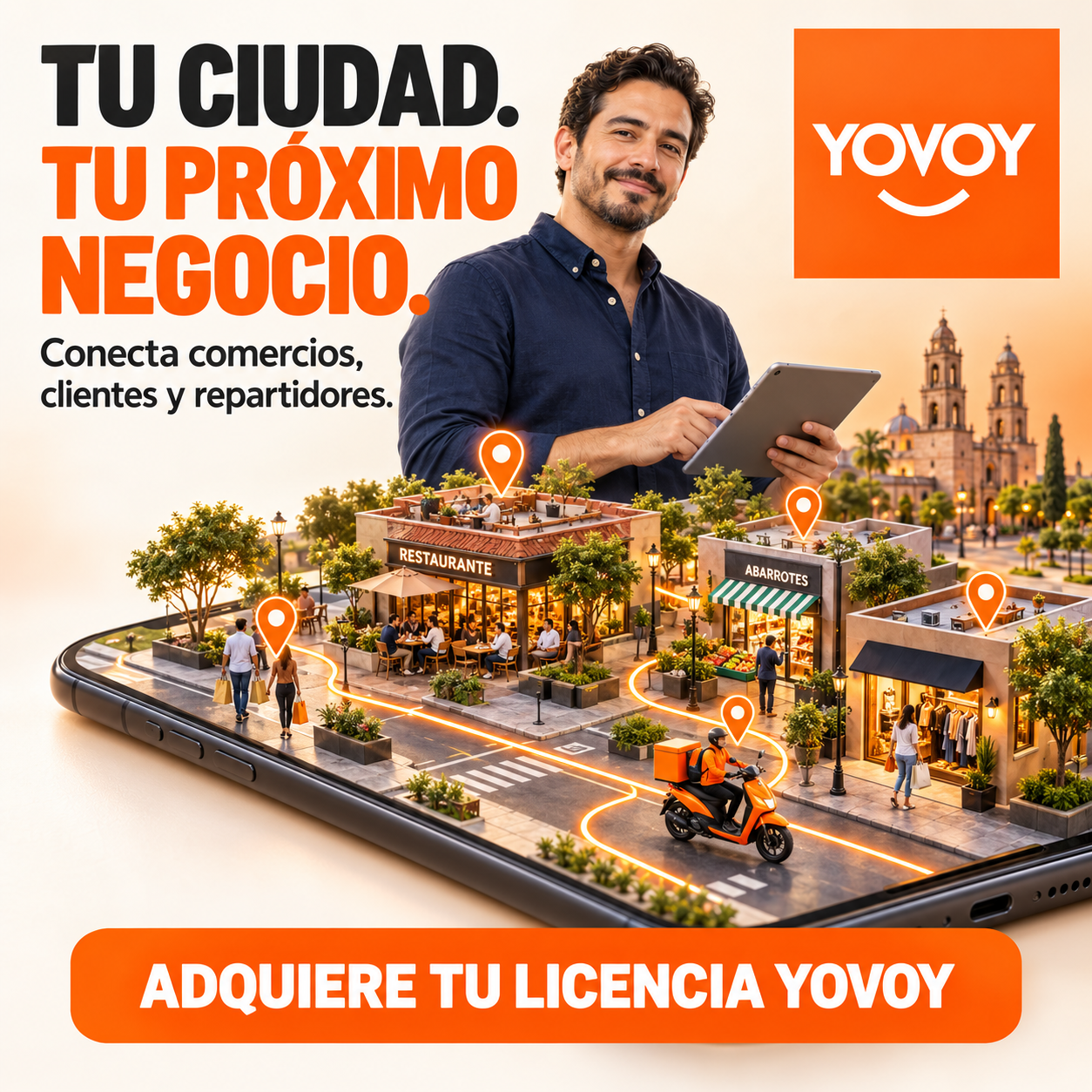 Tu ciudad. Tu próximo negocio. Conecta comercios, clientes y repartidores. Adquiere tu licencia YOVOY.